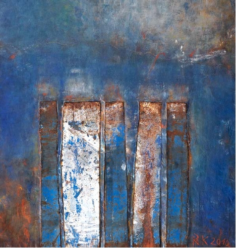 „Tonnenstücke“ (2010), Metallstreifen, Papiermaché, Acryl, 125 x 102 cm. Fotonachweis: Stephan Redeker, Geseke